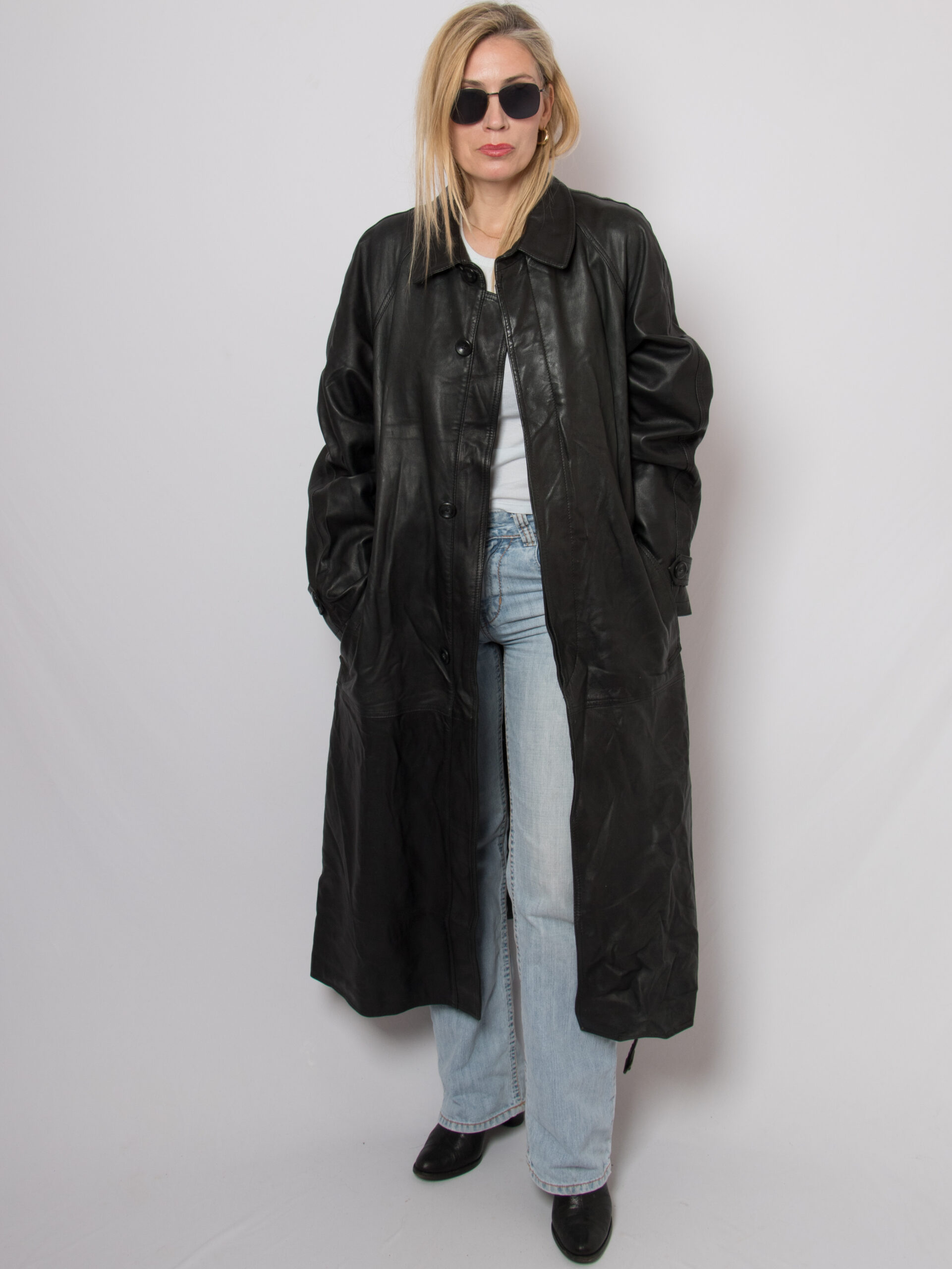 90s Long Black Leather Trench Coat 90s Long Black Leather Trench Coat - Image 6