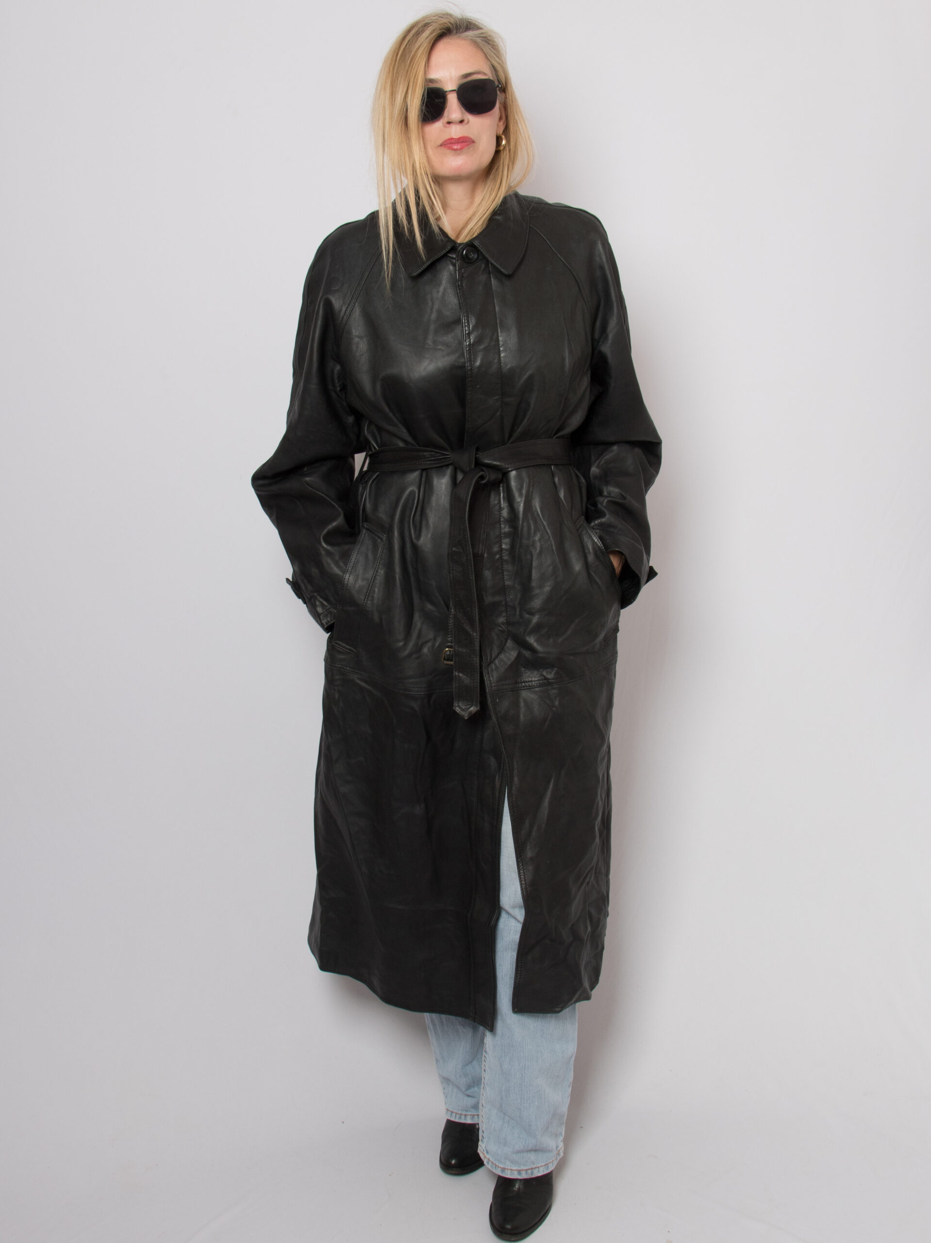 90s Long Black Leather Trench Coat 90s Long Black Leather Trench Coat - Image 2