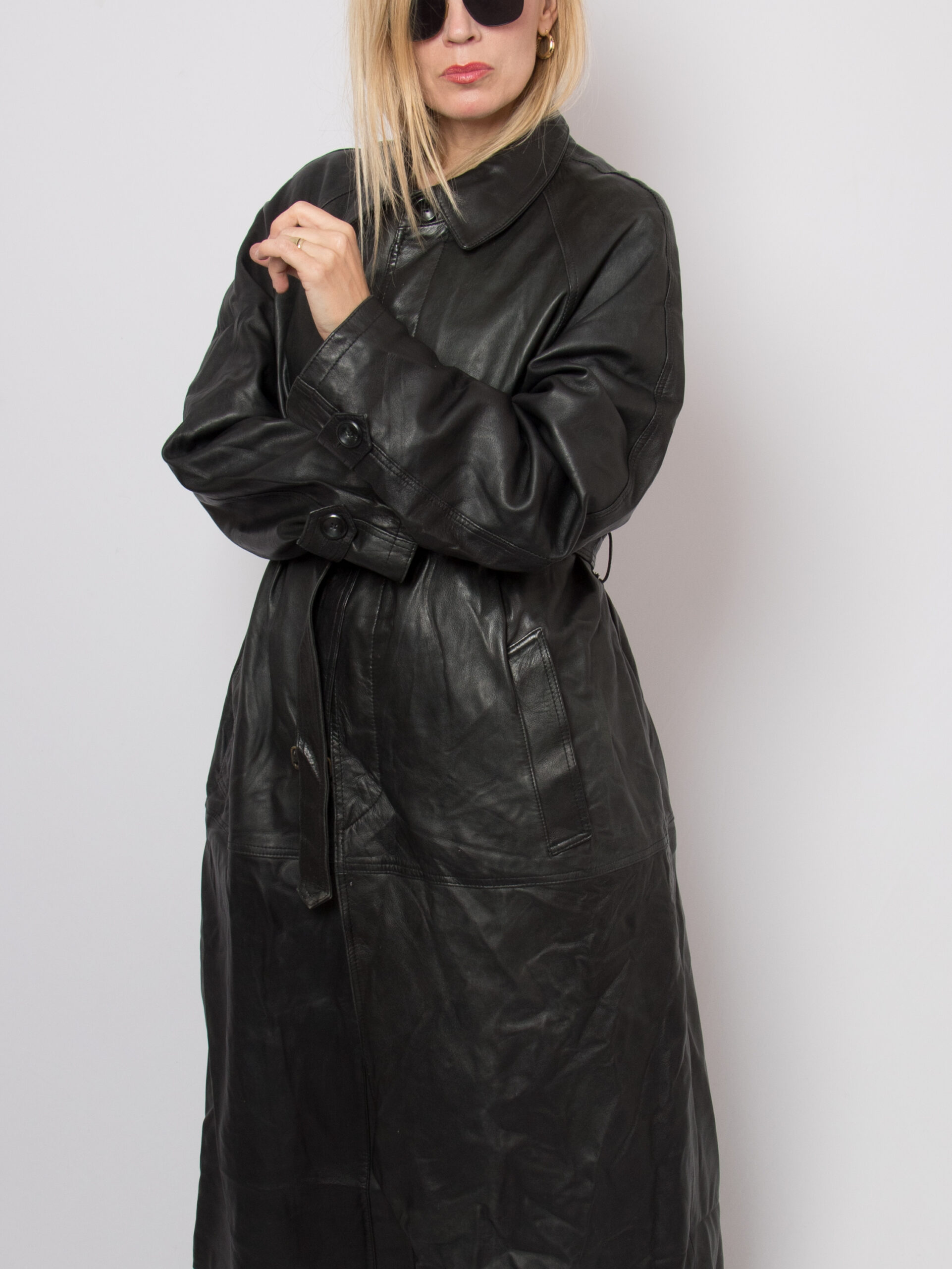 90s Long Black Leather Trench Coat 90s Long Black Leather Trench Coat - Image 3