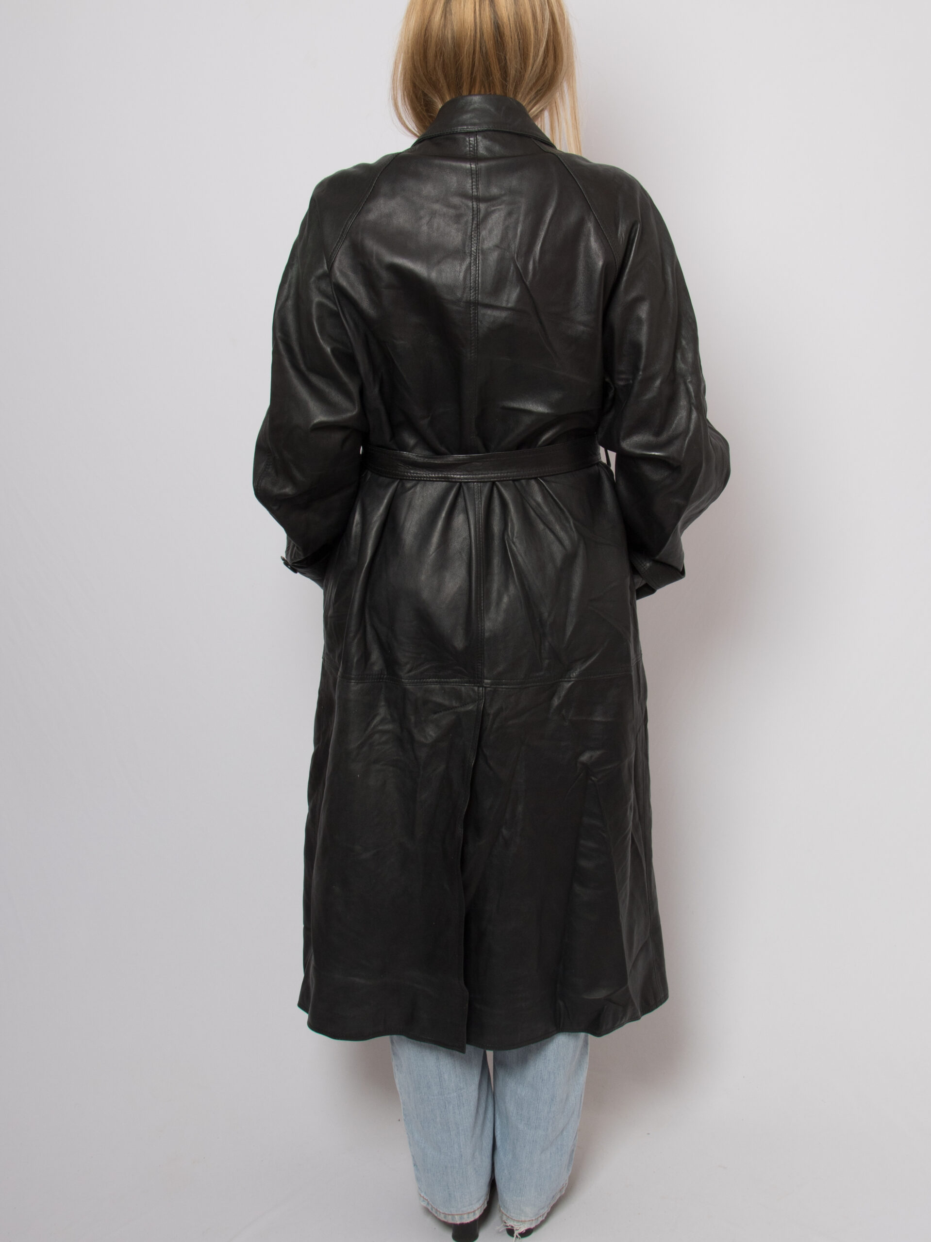 90s Long Black Leather Trench Coat 90s Long Black Leather Trench Coat - Image 4