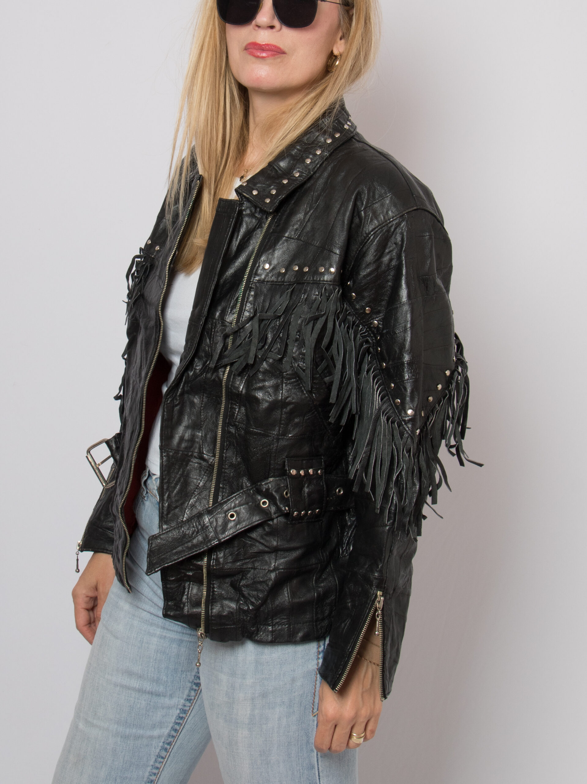 80s Black Leather Fringed Biker Jacket 80s Black Leather Fringed Biker Jacket - Image 2