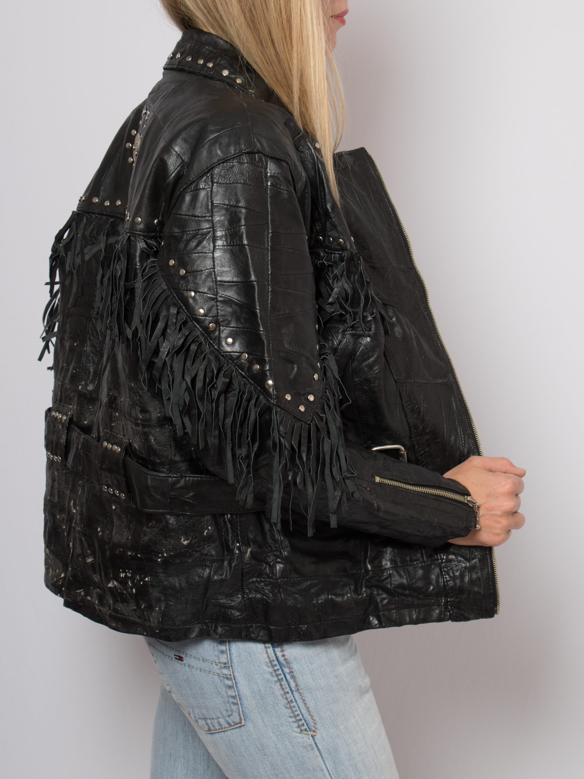 80s Black Leather Fringed Biker Jacket 80s Black Leather Fringed Biker Jacket - Image 5