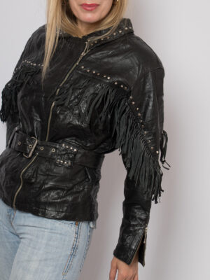 80s Black Leather Fringed Biker Jacket