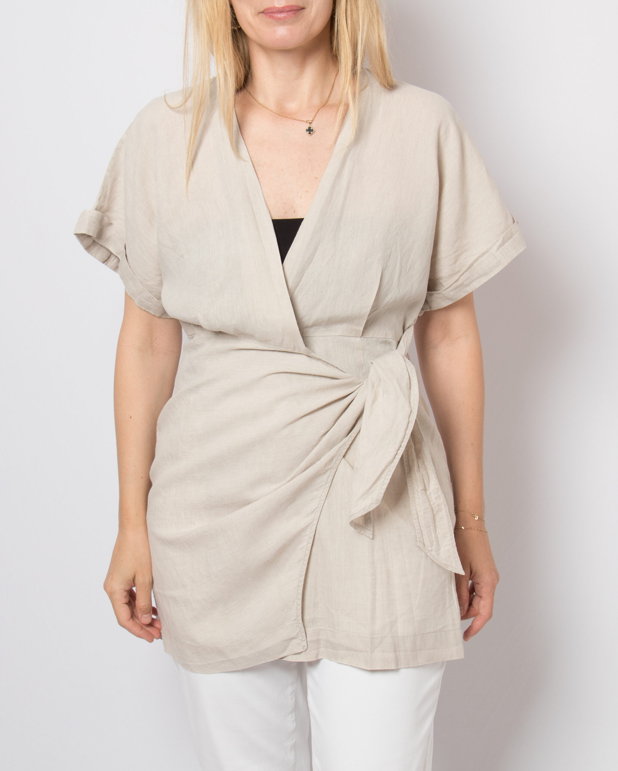 Beige Linen Mini Wrap Dress Beige Linen Mini Wrap Dress - Image 3