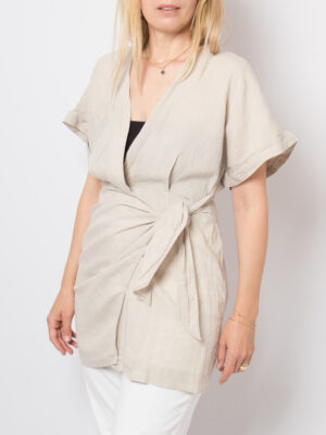 Beige Linen Mini Wrap Dress