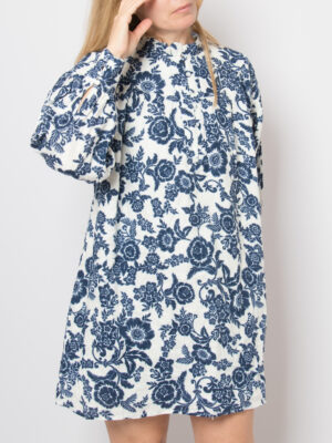 Aere Linen Smock Dress Navy Floral Print